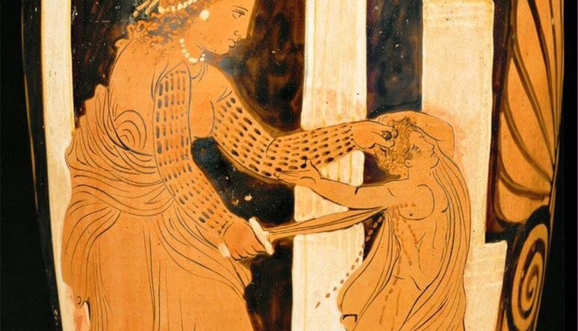 A vase by Ixion Painter showing Medea killing one of her sons, approx. 330 BC (Louvre, Paris).