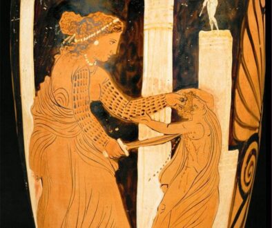 A vase by Ixion Painter showing Medea killing one of her sons, approx. 330 BC (Louvre, Paris).